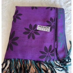 100% Pashmina Shawl Wrap Scarf Purple Teal Floral Boho Fringe 66x27" Artsy